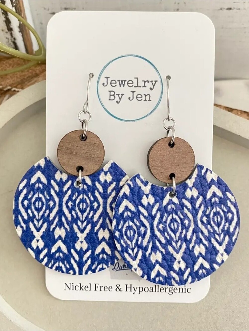 Boho Blue & White Patterned Wood and Leather Dangle Earrings